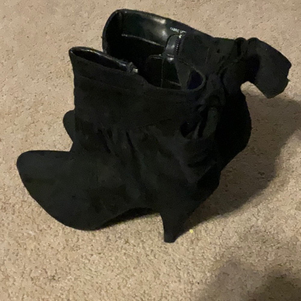 Boots with a bow.  Classy. Suede boots. 3” heel. 7. 1/2” tall